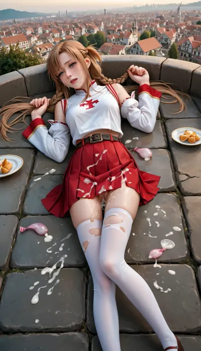 18-year-old, in public in front of a skyline, lying face down, drunk, no makeup, hair braided into two pigtails, used in public, exhausted, asleep, unconscious, arms and legs limp, face turned away, wearing half-torn clothes, loose underwear, panties half-pulled down, vagina ruined, used vagina, vagina covered in semen, worn vagina, torn condom in her vagina and body, ruined vulva, semen splattering on her buttocks, semen deposit, bukkake, cum, <lora:MS_Real_XL_Bukkake:.8>, crying, with, tears, <lora:tearsXL:.8>, sucking, cock, <lora:cockteaseLoRASDXL:.8>, asuna_\, (sao\), long_hair, skirt, red_skirt, detached_sleeves, windmill, white_thighhighs, brown_hair, brown_eyes, breastplate, solo, pleated_skirt, miniskirt, white_belt, <lora:asuna:.8>, handscuffs, handcuffed, <lora:handcuffs_XL_1_-000007:.8>