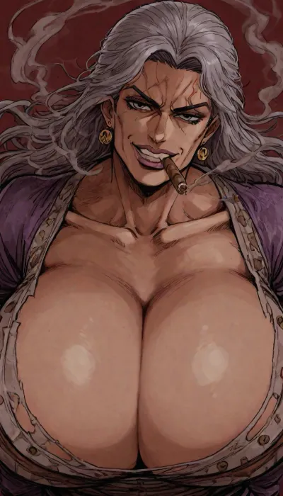 the picture is a drawing of a sexy granny, wrinkled, gigantic huge breasts, smoking a cigar, battered body, torn clothes, seductive JOJO pose, focus on upper body, evil look and grin, (Hirohiko Araki art style), by, araki, hirohiko, <lora:araki_hirohiko-000016:2>