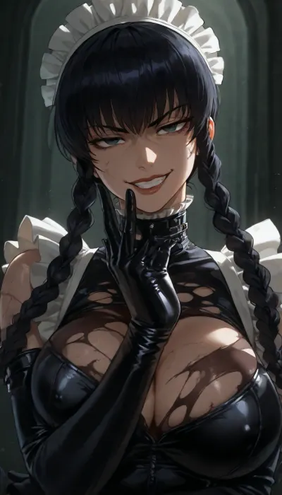 the picture is a drawing of Roberta from Black Lagoon, battered body, latex dominatrix outfit, torn clothes, seductive JOJO pose, focus on upper body, evil look and grin, (Rei Hiroe art style)