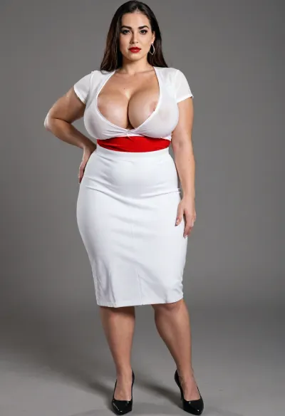 very tall plump pawg, huge breasts, massive long nipples, full body front view, long red straight hair down to bottom, full clothed, red tight long pencil skirt, white tight satin blouse, black peep toe high heels, fully clothed