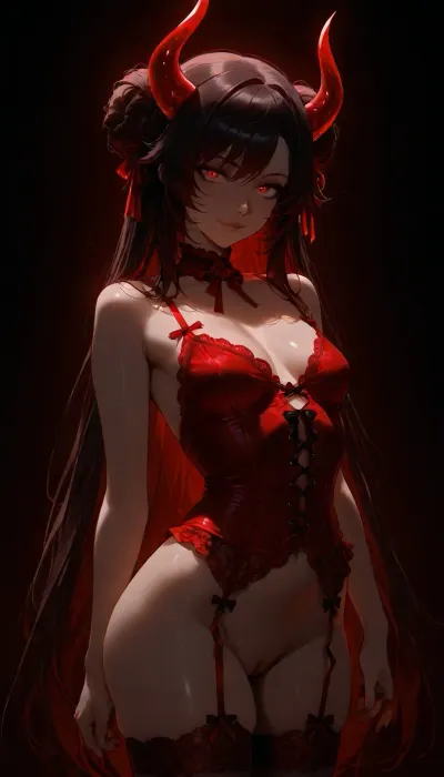 Charming petite girl, close-up view, (Multicolour bright red ruby rose Hairstyle), (charming eyes, bright red glowing pupils:1.1), (flatchest:1.1), Half-turn view, standing slightly sideways, curly very long hair, hair on the shoulders, hair along the entire back, a pretty girl with long glowing horns, standing on a dark background, empty dark background, the figure is highlighted with red light, a cool aura around the body, a charming predatory gaze, a sexy smile, a sexy dynamic pose, perfect realistic naked pussy no panties, perfect eyes, best detailed hair, naked breast, naked body in Sexy lingerie with suspenders, lace stockings, lace garter belt, lace thigh high, detailed body, detailed eyes, detailed face neon, ltctr, color, +, light, contour, bow on head, black bow with red ribbons at the edges in gothic style, long black hair, dark, chiaroscuro, low-key, <lora:SDXL_only_red_Sa_May_v3:2>, <lora:light_contour_sdxl:2>, <lora:zavy-cntrst-sdxl:2>, <lora:Niji_pastel_style-000006:2>, <lora:dark:2>