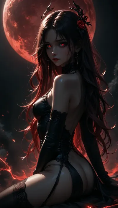 Charming petite girl, close-up view, (Multicolour bright red ruby rose Hairstyle), (charming eyes, bright red glowing pupils:1.1), Night, slutty pose, lots of highly detailed glowing bodyjewelry, high resolution, slim gymnast body, really long ponytails, glowing magic on body, bodysuit, ultra detailed, HD, Girl from Genshin impact, Multicolour white_silver Hairstyle, ai_generated, naked small_breast no bra, showing_back, ass, sitting, facing her back to viewer, Sexy Girl, Shiny Skin, no panties, showing puffy pussy, Sexy lingerie with suspenders, lace stockings, elastic hips, lace garter belt, glowing coarse-mesh nylon lace stockings, Big red moon in the background, Half-turn view, curly very long hair, hair on the shoulders, hair along the entire back, black transparent veil covers the head, glowing demoness horns, red background, empty dark background, the figure is highlighted with red light, a cool aura around the body, a charming predatory gaze, elastic breast, (pale skin:1.1), (glossy oiled skin:1.1), naked pussy no panties, a sexy smile, a sexy dynamic pose, perfect eyes, best detailed hair, detailed body, detailed eyes, detailed face neon, ltctr, color, light, contour, bow on head, black bow with red ribbons at the edges in gothic style, black_gothic_fantasy, nun, <lora:Red_and_black__gothic_fantasy-000007:2>, <lora:light_contour_sdxl:2>, <lora:Dark Nun (Pony):2>, <lora:dark:2>, <lora:Glowing_beach:2>