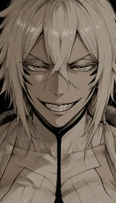 the picture is a pencil drawing of Tier Harribel from Bleach anime, evil look and grin, picture focuses on her face, ((Tite Kubo art style))