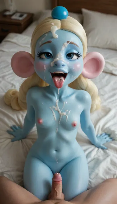 ((Smurfette:1.6)), ((in a lavish bedroom)), (((seductive pose:1.5))), Smurfette, sexy blue Smurf, (anthro), hd, insanely detailed, 4k, uhd, StackedShortstack, small breasts, tongue, out, ahegao, drool, 1man, out of frame, ((small cock)), ejaculating, (cum on face), (cum on tits), (thick gooey cum all over), (projectile cum), (cum explosion), <lora:Stacked_Shortstacks_-_SDXL-000009:.8>