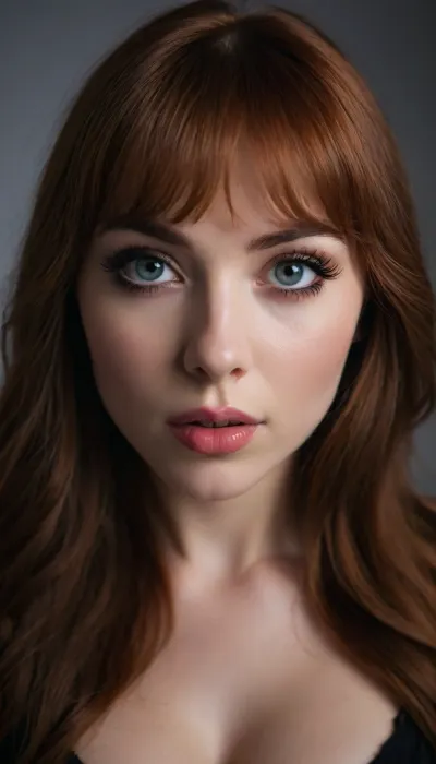 ziprealism, (stunning irish woman:1.6), (flawless porcelain skin, long auburn hair, bangs haircut, thick bangs, thick voluminous hair:1.2), (mischievous expression, suggestive playful gaze, catchlights, extremely detailed iris), (focus on lips, perfect eyes, expressive eyes, long delicate eyelashes, bold make-up:1.4), (avant-garde experimental high fashion esthetic), (full lips, soft lips:1.4), (high angle shot, POV, subtle cleavage:1.6), Stable-Yogis-Makeup-Enhancer-XL