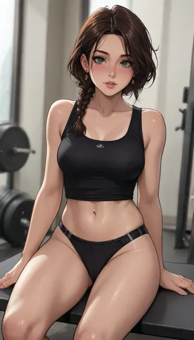 ((Melkor mancin meet markgavatino style)), reiq style, beautiful sexy muscular bodybuilder woman, horny blushing, pleasure scream, long brunette braided hair, emerald green eyes, black tank top, juicy cameltoe pussy, sweat, super sweating, super wet pussy, tanned, tan lines, ears piercings, naked, nude, sitting back, gym background