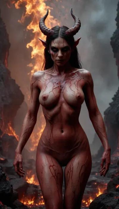 a female demon from hell with blood red skin, tall thick body, vaginas instead of eyes, vagina instead of mouth, show anus, show pubis, overused anus, enormous tits, horns on her head, squatting down in an intricate gloomy red underground hell landscape with lava and fumes and fog and almost no light, having sex with a sinner Priest in hell, burning in hell, Priest committed many sins and crimes, (very close up:1.5), (behind view:1.5), very low angle, <lora:BD1.1-000009:1>, DonMD3m0nXL, <lora:DonMD3m0nXL-000010:1>