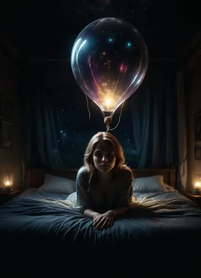 A photorealistic scene, featuring a hot air balloon floating in a starry, moonlit night sky, the balloon glows warmly from within, softly illuminating the silky fabric, beneath it, a wooden bed hangs suspended by ropes, the bed is enveloped in thick blankets, and a peaceful 30 years old woman sleeps, perfect face, face in soft focus, her head resting on the pillow, her hands gently placed beneath her face, her face serene, a soft, peaceful expression, perfect anatomy, perfect hands, as the balloon drifts above a vast, blurred mountain range, the gentle glow from the balloon lights her face and hands, creating a tranquil, dreamlike atmosphere, every detail balanced between hyper-realism and surreal wonder, (UHD 8K quality:1.5), DonMSp3ctr4lXL, holotech, <lora:DonMSp3ctr4lXL-000008:1.6>, <lora:dark:.1>, <lora:detailed_notrigger:1.9>, <lora:Holotech:1.8>, <lora:SDXLFaeTastic2400:1.8>