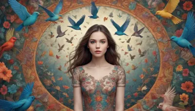 inkwork, illustration, women, fairytale, birds, kaleidoscope view. /KlTTY-ART/