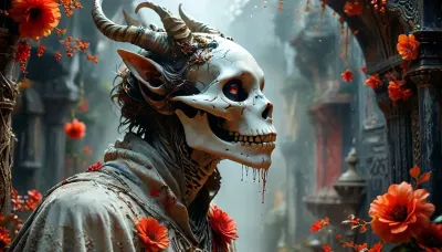 b/w, three levels, A stylized, elaborate artwork featuring a figure resembling a skeletal, mythical creature. The creature's face is partially obscured by flowing, decorative elements. Its features include a skull-like face with exaggerated, striking features, large, bright red eyes, (and a slightly open mouth with tongue sticking out), The creature has large, stylized horns and wears a flowing, cloak-like garment. The creature appears to be holding or interacting with another being resembling an animal's head or face. The background is densely patterned with swirling, organic forms and abstract floral designs. The style is reminiscent of psychedelic art, with a vintage, textured feel. The lighting is diffused, coming from various directions and creating highlights and shadows within the design. The composition is complex, with the figure at the center and many intricate details filling the space. The overall atmosphere is mysterious and otherworldly, imbued with strong symbolism. There is a striking textured surface, reminiscent of a vintage poster or album cover, (waterdust), (Side view), /KlTTY-ART/, <lora:COMFYUI_mimic_landscape_-_XL_SDXL v2.0:1>, <lora:attractive_notrigger:.5>, <lora:PerfectEyesXL:.5>, <lora:MJ52:1>