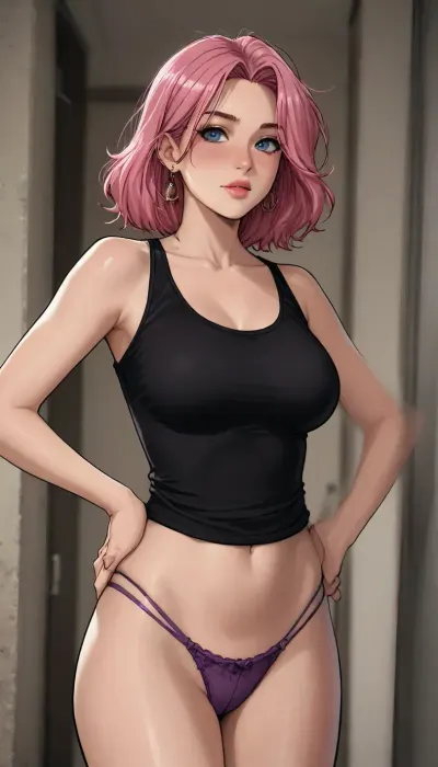 ((Melkor mancin meet markgavatino style)), reiq style, Solo, Milf, pink hair, (at doorframe), bimbo body, wearing black tank top, and purple panties, large perky breasts, hands on hips, flirty, (intense blushing)