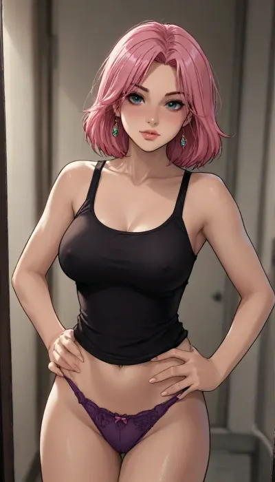 ((Melkor mancin meet markgavatino style)), reiq style, Solo, Milf, pink hair, (at doorframe), bimbo body, wearing black tank top, and purple panties, large breasts, hands on hips, flirty, (intense blushing)