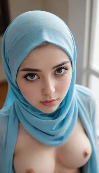 4k, soft light, masterpiece, best quality, highres, intense lighting, shallow depth of field, hentai manga drawing, anime style drawing, extremely detailed face, soft blue hiijab, scarf, undercap, nude upper body, huge sagging breasts, nipples, 1girl, southeast asian girl, beautiful, fair skin, glowing skin, standing, shot from above, forced perspective, white background, simple background