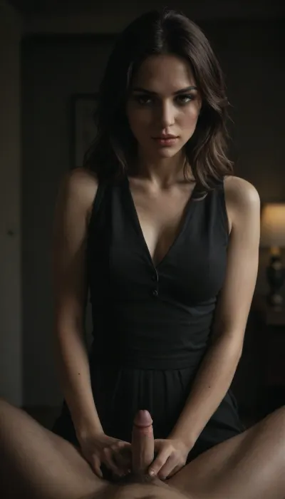 Beautiful skinny brunette woman in sexy little black dress laughs cruelly at a man masturbating and ejaculating wildly. Man has Tiny white penis and Tiny testicles. Man has Shaved pubic hair. Woman is fully dressed., (((Femdom))), ((micropenis)), . Viewed from POV of man, <lora:add-detail-xl:.9>, <lora:dark:.1>