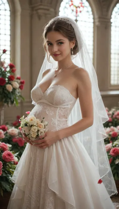 into the enchanting world of love and romance with our new challenge "Bride, " where the main character is a beautiful girl preparing for the most important day of her life. Imagine a magical garden filled with the scents of flowers and the soft glow of sunset, where our heroine, dressed in a stunning wedding gown adorned with lace and pearls, eagerly awaits her meeting with her beloved. Her eyes sparkle with happiness, and her smile radiates warmth and hope. Around her, rose petals swirl as soft music plays, creating an atmosphere of true magic. Pregnant.