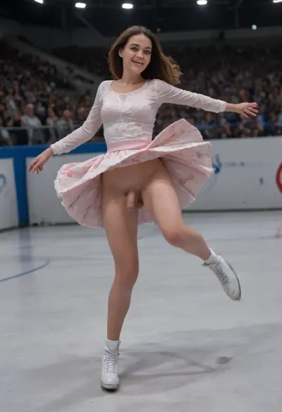 close up raw photo, 8k uhd, high quality, high resolution, ultra-detailed, professional photography, Ice arena, ice skating event at Olympic games, Biellmann spin, spectators, on the ice a 29 yo. skater man in a red short semi-transparent dress without panties performs pirouette Billman in skates, (big flaccid penis:1.3), Full-length view from afar, penis, exhibitionism, perfect hands, perfect fingers, 5 fingers, perfect face, perfect lips, perfect teeth, perfect shiny eyes, perfect long legs, correct anatomy, body proportions, correction, face, close, up, Billman, flying, spin, motion, blur, spiral, lines, dancing, on, grand, exhibition, raise, shoe, arm, floral, print, lace, sleeves, cinematic, light, countless, crowd, wind, night, jkmicroskirt, skirtlift, <lora:MaybeBetterFaceInFullBodyLora_XL_rev3:1.8>, <lora:skirtlift_xl:2>