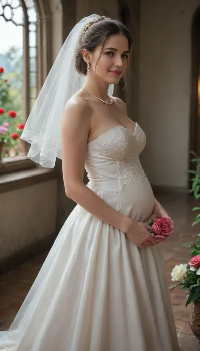 into the enchanting world of love and romance with our new challenge "Bride, " where the main character is a beautiful girl preparing for the most important day of her life. Imagine a magical garden filled with the scents of flowers and the soft glow of sunset, where our heroine, dressed in a stunning wedding gown adorned with lace and pearls, eagerly awaits her meeting with her beloved. Her eyes sparkle with happiness, and her smile radiates warmth and hope. Around her, rose petals swirl as soft music plays, creating an atmosphere of true magic. Pregnant.