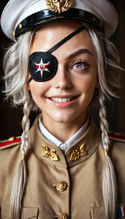 hyperrealistic, shiny skin, cinematic lighting, perfect quality, masterpiece, absurd res, 1girl, short hair with long locks, violet eyes, (((((right eye Patch))))), silver hair, tan miltary dress uniform, tan military hat, head tilt, constricted pupils, close-up, crazy smile