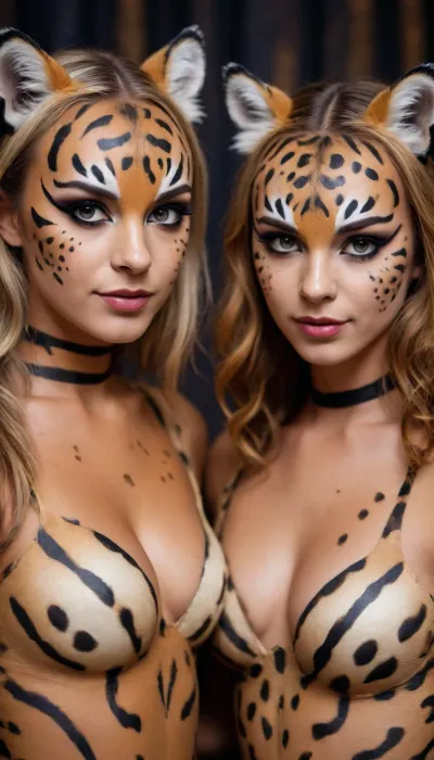 two girls at a costume party, animal theme party, posing back to back for the photo, one disguise as a tigress, the other disguise as a leopard, make-up, bodypaint, animal costumes