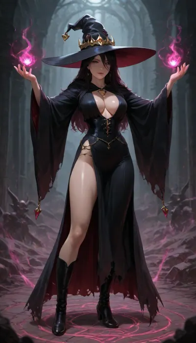 View from far away, Sexy witch, 28yo, revealing black robe, tight, cleavage, small boobs, (small boobs 0.2), witch hat, black boots, standing, raised arms, summoning a demon, casting a spell, pentagramm on the ground, demon emerging, demon appearing, being summoned, very detailed, hyperrealistic, best quality, hhpointedboots, boots, <lora:hhpointedboots:.8>