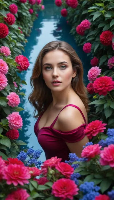 (Woman, detailed face:1.3), (maze corridor with flowers), (Colorful flowers in the maze bushes:1.1), ., (Intense colors:1.3), (Reflection in flowers 1.2), (Sharp texture of fabric and face:1.3), (Dramatic edge lighting with cinematic color grading:1.2), breasts, <lora:2BoutOvalSDXL2-000002:.8>, <lora:fl0rAmar1ya:.8>