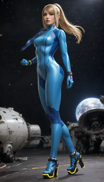Cinematic scene, hero view, space, universe, spacecraft, Samus Aran, action pose, detailed background, masterpiece, best quality, natural c cup breasts, (green eyes), athletic, muscular, gymnast body, high quality, highres, absurdres, defSamus, bodysuit, blue, clothes, pants, high, heels, altSamus, crop, orange, samus, aran, latex, zero, suit, blonde, hair, ponytail, platform, footwear, <lora:samus_aran_xl_v1:1>, <lora:samus-xl-nvwls-v1:.8>, <lora:SamusCosplay_sdxl_v2:.8>, <lora:attractive_notrigger:.8>, <lora:ClearHand-V2:.8>
