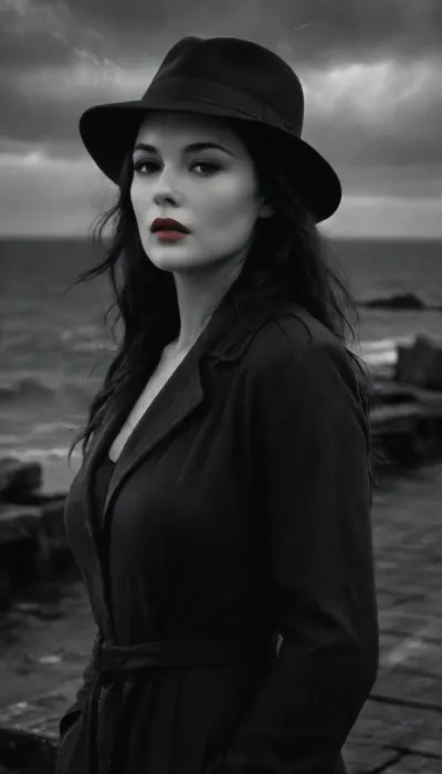 A black and white picture of a delightful woman in noir style, she has very long black hair, her clothes are torn, she is heavyly breathing, her breath is seen by the cold, it is snowing, She stands on a jetty and looks out to sea, she smokes a cigarette, 3/4 view, she wears a fedora hat and a long trenchcoat, (black and white picture:1.2), cinematic light, only her lips are colored in red, nklnor, <lora:nklnor:.8>, a, movie, frame, of, in, the, style, sin-city, <lora:sin-city-sdxl-v1-000050:.8>, Black, and, white, art, black, pencil, shading, charcoal, drawing, toned, paper, brutal, dark, b/w, color, scheme, <lora:Black and white art.V1:.8>