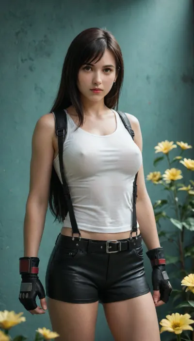 CGI, realistic style, detailed textures, dark brown hair, long hair, serious expression, white tank top, black gloves, black shorts, black belt, leather bag, dimly lit room, teal walls, gold accents, bouquet of yellow flowers in background, soft lighting, reflection on water surface, Tifa looking down, thoughtful mood, video game character, Final Fantasy VII, Tetsuya Nomura, digital art, high resolution, detailed shading, semi-realistic