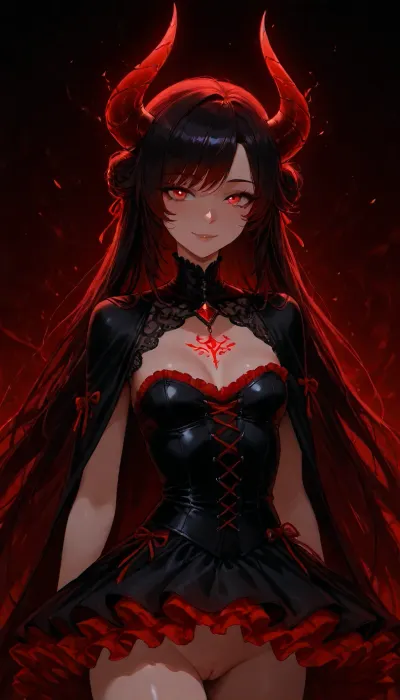 Charming petite girl, close-up view, (Multicolour bright red ruby rose Hairstyle), (charming eyes, bright red glowing pupils:1.1), (flatchest:1.1), Half-turn view, standing slightly sideways, curly very long hair, hair on the shoulders, hair along the entire back, a pretty girl with long glowing horns, standing on a dark background, empty dark background, the figure is highlighted with red light, a cool aura around the body, a charming predatory gaze, a sexy smile, a sexy dynamic pose, naked pussy no panties, perfect eyes, best detailed hair, detailed body, detailed eyes, detailed face neon, ltctr, color, +, light, contour, fluffy dress, bow on head, black bow with red ribbons at the edges in gothic style, long black hair, black_gothic_fantasy, Red, Alisaie, Leveilleur, <lora:light_contour_sdxl:.8>, <lora:Red_and_black__gothic_fantasy-000007:2>, <lora:SDXL_only_red_Sa_May_v3:2>, <lora:AlisaeXL:.8>