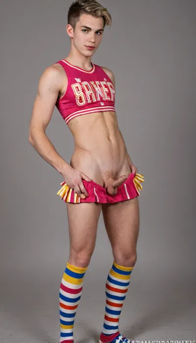 effeminate twink, ((twink)), (((boy))), (((gay))), (((crossdresser))), (((pink wig))), short, (((artificial yellow wig))), (((yellow wig))), red lipstick, eyeshadow, makeup, and false eyelashes. completely shaved. his body is delicate, feminine, and petite. he has slender arms, a slim waist, and a round butt. his penis is small, (((visible penis))), (((micropenis))), (((shrunken penis))), (((Colorful cheerleader-style skirt))), (((colorful striped socks))), (((yellow feathers in her hair))), delicate, and shrunken., 19 years old, small and pointy breasts, ((great viewing angle)), (((up))), masterpiece, professional lighting, Tony, detailed, style, <lora:Tony_Conrad:1.7>, <lora:SuchPetWig_r1:1.6>, <lora:detailed style v1.5:1.3>, <lora:Translucent_Slime_-_FLUX:.8>