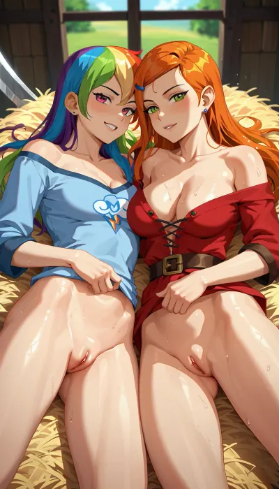 Fuya, busty russian peasant girls with beautiful cleavage, (cleavage), off shoulder, off breasts, lying in hay, beautiful girls, pretty girls, 25 years old, skin details, bokeh, subtle depth of field, film grain, long chestnut hair, subtle muscle tone, muscle definition, feminine, sunset on russian farm in the 19th century, medieval peasant farm, medieval russia, russian farmhouse, sagging breasts, dried sweat, unkempt hair, wooden cabin, hay, manual farm tools, scythe, iron plough, Rainbow Dash, long rainbow hair, (/Ben10), /, (ultra, HD, quality, details), (green, eyes), Pussy, on, Symmetrical, <lora:Pussy on Pussy:.8>