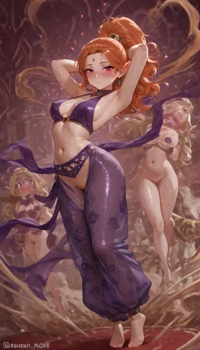young woman, photography, photo, small teardrop perky breasts, arched back, very blushing cheeks, (ancient female genie wearing sheer purple top:1.1), ((naked breast)), ((barefoot)), ((genie girl costume low waist lace floral purple sheer pants only)), ((russian princess features:1.3)), in royal bedroom, purple sheer shirt, hands behind head, pussy on view, Warhammer 40k, (1 girl), (Irlieth from the game Rogue Trader game:1.5), (aeldari:1.6), (long wild wet ginger hair), (She has long wild wet ginger hair with many sideloks flying sideways with extreme wind:1.4), hair bangs flying across face, (long pointed, (elf ears)), elongated face, deep red eyes, (hearts eyes:1.4), (hypnotized:1.4), (under hypnose:1.4), (mind control:1.4), (very tiny teardrop perky breasts:1.2), erect nipples under clothes, short ponytail with many sideloks flying sideways with extreme wind, c0rr1d0r, aeldari, <lora:Aeldari:.8>, <lora:aeldari_xl_v1:.8>, <lora:attractive_notrigger:.9>