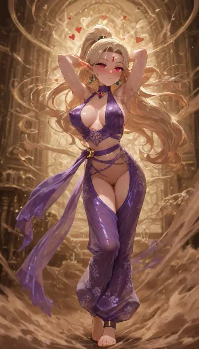 young woman, photography, photo, small teardrop perky breasts, arched back, very blushing cheeks, (ancient female genie wearing sheer purple top:1.1), ((naked breast)), ((barefoot)), ((genie girl costume low waist lace floral purple sheer pants only)), ((russian princess features:1.3)), in royal bedroom, purple sheer shirt, hands behind head, pussy on view, Warhammer 40k, (1 girl), (Irlieth from the game Rogue Trader game:1.5), (aeldari:1.6), (long wild wet ginger hair), (She has long wild wet ginger hair with many sideloks flying sideways with extreme wind:1.4), hair bangs flying across face, (long pointed, (elf ears)), elongated face, deep red eyes, (hearts eyes:1.4), (hypnotized:1.4), (under hypnose:1.4), (mind control:1.4), (very tiny teardrop perky breasts:1.2), erect nipples under clothes, short ponytail with many sideloks flying sideways with extreme wind, c0rr1d0r, aeldari, <lora:Aeldari:.8>, <lora:aeldari_xl_v1:.8>, <lora:attractive_notrigger:.9>