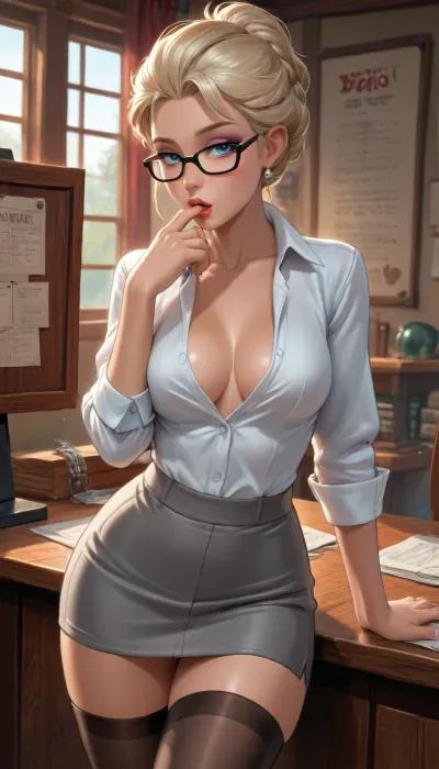 Reiq style, Elsa from frozen, tanned skin, in a boardroom, wearing white buttoned shirt, gray mini skirt, black stockings, cleavage, glasses, ponytail, (sucking on her finger)