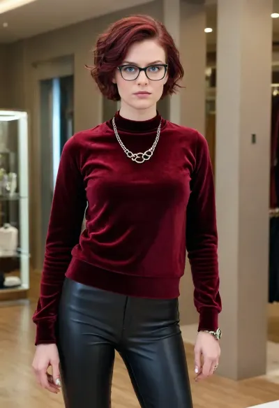 (masterpiece, best quality:1.2), 1 swedish 30yo woman, solo, glasses, (black leather pants:1.3), (dark bordeaux velvet sweater:1.4), silver necklaces and bangles, curly reddish-brown hair, bright ice blue eyes, short haircut with side parting, hair tucked behind ears, stands indoors in an busy luxury fashion store, serious look, photorealism, <lora:SDXLHighDetail_v6-000005:.5>