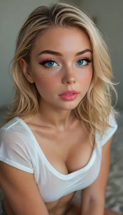 24 year old, bridesmaid, very tall, blonde hair, busty petite athletic, pale white skin, freckles, freckled face, (pink natural lipstick:1.5), (bright blue eyes:1.5), (eyeliner:1.5), (eyelash:1.5), (eyebrow:1.5), (blonde hair, 1.5), extremely busty, very heavy full breasts, naturally big perky breasts, tight, toned, overly perky, strong Nordic facial structure and features, bulky physique, semi muscular, broad shoulders. score_10_up, score_9_up, score_8_up, score_7_up., <lora:SDXLHighDetail_v6-000005:1.1>, <lora:BUT_SDXL_SHS:1.1>, <lora:style_lora_realis:1.1>, <lora:detailer-xl:1.1>, <lora:attractive_notrigger:1.1>
