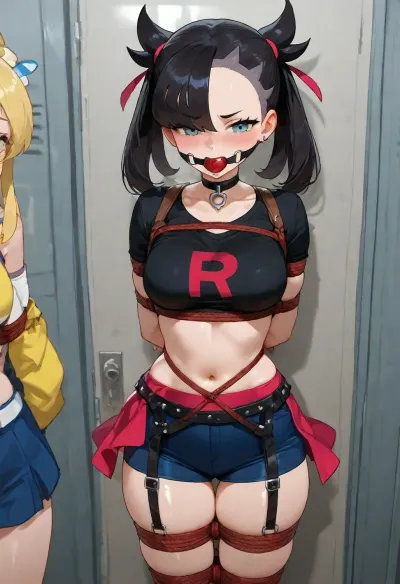 Skyla and Marnie from Pokemon, standing in a blue locker room, Skyla in a red skirt and black top holding Marnie's face, Marnie wearing a yellow Team Rocket R-bra, blue shorts, brown leather harness, red ball gag in mouth, wide blue eyes, blushing, Marnie's legs bound with rope, Skyla smiling, Marnie expression of submission, detailed anime style.