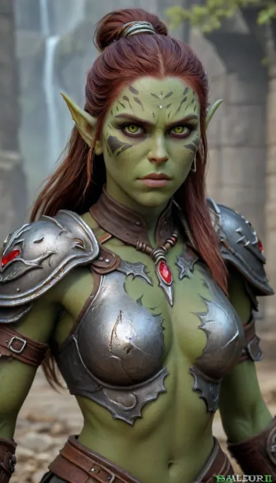 (Masterpice), (HD4K visual), (detailed background), 4K ultra-detailed image, HDR, enhancement, professional photography, detailed green skinned face, precise anatomy, (perfect body symmetry), (5 fingers per hand), maximum resolution, sharp focus, NSFW, (((Lae'zel from Baldur's Gate 3))), (Lae'zel is a Githyanki Fighter with green skin), (((green skin))), (brown face markings), (thin Githyanki face), narrow sunken in cheeks, long brown hair in a bun, long pointed green Githyanki ears, slim frame, tall, medium breasts, angry expression, Githyanki silver armor with red gems, standing in a small campsite, laezel, realistic, Lae-zel, silver, armor, brown, hair, long, pointy, ears, shoulder, eyes, facepaint, facial, mark, dark, skin, rpgartworkstyle, artwork, HulkRay, <lora:Real_Lae_zel_SDXL_v1.0:1.4>, <lora:RpgArtworkStyle_v1:1.4>, <lora:HulkRay:1.5>, <lora:steampunk_xl_v2:1.5>