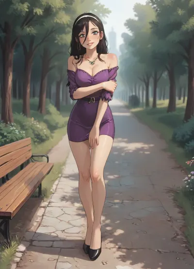 masterpiece, best quality, ultra detailed, high resolution, 8k, UHD, clear focus, depth of field, (full body shot:1.4), (wide angle:1.3), (long shot:1.3), establishing shot, whole body visible, soft elegant composition, side view or three-quarter angle from bench level, mature woman, adult female, 25 years old, mature face, sharp facial features, defined cheekbones, full lips, seductive gentle expression, realistic proportions, detailed skin texture, slight wrinkles at eyes, woman in her mid-20s, (25yo:1.3), (mature:1.2), (Jack cayless art style), One beautiful woman, solo, seated alone on wooden park bench, long straight black hair, glossy black hair flowing over shoulders, white headband, purple leather outfit tight and shiny, purple leather top hugging breasts, purple leather mini skirt or shorts riding up slightly, black sheer stockings on toned legs, black high heels crossed elegantly or one foot forward on ground, legs slightly apart or crossed at ankles, seductive soft smile, eyes half-lidded in relaxed pleasure, blushing cheeks subtly, looking at viewer or into the distance dreamily, one hand resting on thigh or bench, other hand playing with hair or necklace, relaxed confident posture, arched back slightly for curves emphasis, public Park, summer, sunny day, golden hour warm light, trees path grass flowers in background, blurred distant people walking, vibrant green foliage, blooming roses nearby, soft reading light, dreamy sensual solo vibe, peaceful outdoor elegance, cartoon, low color palette, painted, illustration, made in illustrator, no gradients, incase style, concept, realistic lighting, (j_cartoon:1.3), Drawing, <lora:ratatatat74-000050:.8>, <lora:outline_xl_kohaku_delta_spv5x:.5>, <lora:cartoon_stickers_xl_v1:.6>, <lora:NEOTOKIOXL_0.2_RC:.4>, <lora:DetailedEyes_V3:.6>