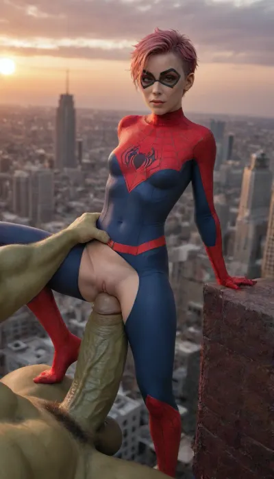 Close view, (girl, (spider-woman, spiderman full body costume, spiderman mask, erected, pussy slips, sportive body, punk short hair, pink hair, small breasts)), (man, (hulk, gigantic, muscular, big cock, out of frame)), (sex), suspended on cock, om roof in city, spider-web everywhere, red sunset, high contrast, 3/4 view angle, photorealistic, cinematic color palette, high detailed, sunlight_str1, <lora:sunlight_str1-SDXL_v1-dim64-steps1691:1.1>