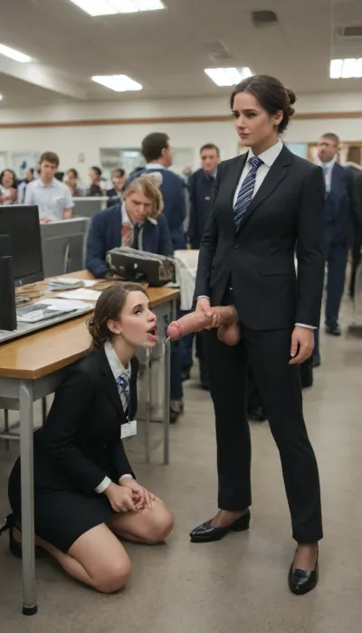 People are watching a 35-year-old beautiful futanari woman with an erect black and pink horse penis and black saggy big testicles, dressed in a pantsuit and stilettos, masturbating in the crowded lobby of a busy office, prople, tables, computers, horse penis, people touch horse penis, stern expression, dressed people around look in shock, cum pouring profusely, orgasm on the face, in full height, airport.

High realism and detail, 8K, masterpiece, <lora:Voe_Doe:.8>