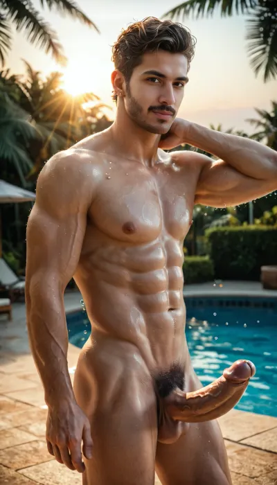Extremely handsome athletic young man, 25 years old, muscular fitness model physique, defined abs, broad shoulders, V-shaped torso, perfect proportions, standing fully nude outdoors beside a luxurious tropical swimming pool, lush palm trees and tropical vegetation in background, golden hour sunlight, warm sunset lighting, skin glistening slightly with water droplets, natural body hair with trimmed dark pubic hair, large realistic penis semi-erect hanging naturally, detailed skin texture, veins visible on arms and lower abdomen, intense eyes, do not alter his hair, confident relaxed expression with slight smirk, looking directly at camera, photorealistic male nude photography style, high detail, sharp focus, cinematic lighting, professional erotic male modeling shot, 8k resolution