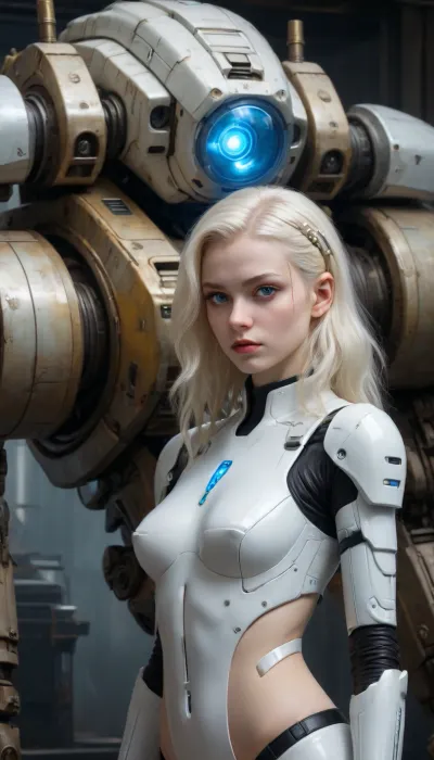 detailed oil painting, full body portrait of an albino young female cyberpunk pilot standing in front of er giant mecha, innocent, white skin, pale skin, blue eyes, long white hair, inside a dark space ship, rgb colors, ultra detailed, by artgerm, realism, superb, by stefan gesell, Focus on the girl, painted by John Singer Sargent, Masterpiece, intricate lines, intriguing atmosphere, sharp magnificent details, delicate features, elaborate details, (2/3 rule composition:.5), romantic, oil painting, in the style of Rembrandt. FS, NixPort, novuschroma