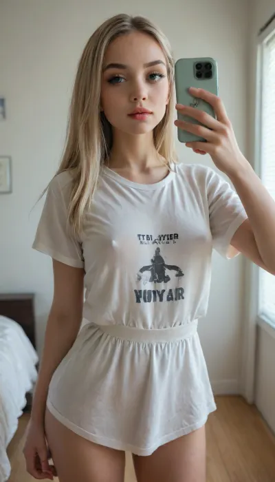 ((Very Petite tiny Young)), 19-year-old female, blue green grey eyes, (erect nipples), flirty and seductive gaze, ((very white oversized white t-shirt)), room, (standing), light ash long hair, (makeup), (big long thick eyelashes), (selfie), narrow waist, (pale skin), from below, close-up