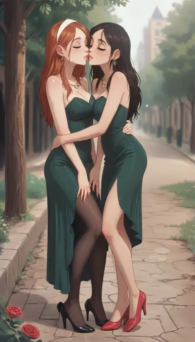 masterpiece, best quality, ultra detailed, high resolution, 8k, UHD, clear focus, depth of field, (full body shot:1.4), (wide angle:1.3), (long shot:1.3), establishing shot, whole bodies visible, soft romantic composition, side view or slight three-quarter angle, mature woman, adult female, 25 years old, mature face, sharp facial features, defined cheekbones, full lips, gentle seductive expression, realistic proportions, detailed skin texture, slight wrinkles at eyes, woman in her mid-20s, (25yo:1.3), (mature:1.2), (Jack cayless art style), Two beautiful women in tender lesbian moment, soft intimate embrace, 1girl seated on park bench, redhead, emerald eyes, green corset dress slightly disheveled, sheer nylon tights on toned legs, red high heels visible on ground, elegant makeup, rose lipstick, creole earring, necklace, large warm smile, looking lovingly at partner, one arm around shoulders, gentle caress on cheek, 1girl sitting close beside her, long straight black hair, glossy black hair, white headband, purple leather outfit tight and shiny, purple leather top and mini skirt or shorts, black sheer stockings, black high heels, seductive yet soft smile, leaning in affectionately, one hand on redhead's thigh or waist, gentle touch, eyes half-closed in affection, soft lesbian kiss on cheek or lips, gentle lip contact, closed eyes, blushing cheeks, romantic atmosphere, foreheads almost touching, tender embrace, fingers intertwined, no aggression, pure affection and desire, public Park, summer, sunny day, golden hour warm light, trees path grass flowers in background, blurred distant people walking, vibrant green foliage, blooming roses nearby, soft reading light, dreamy romantic vibe, peaceful outdoor intimacy, cartoon, low color palette, painted, illustration, made in illustrator, no gradients, incase style, concept, realistic lighting, (j_cartoon:1.3), Drawing, <lora:ratatatat74-000050:.8>, <lora:outline_xl_kohaku_delta_spv5x:.5>, <lora:cartoon_stickers_xl_v1:.6>, <lora:NEOTOKIOXL_0.2_RC:.4>, <lora:DetailedEyes_V3:.6>