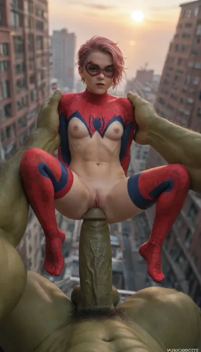 Close view, (girl, (spider-woman, spiderman full body costume, spiderman mask, erected, pussy slips, sportive body, punk short hair, pink hair, small breasts)), (man, (hulk, gigantic, muscular, big cock, out of frame)), (sex), suspended on cock, om roof in city, spider-web everywhere, red sunset, high contrast, 3/4 view angle, photorealistic, cinematic color palette, high detailed, sunlight_str1, <lora:sunlight_str1-SDXL_v1-dim64-steps1691:1.1>