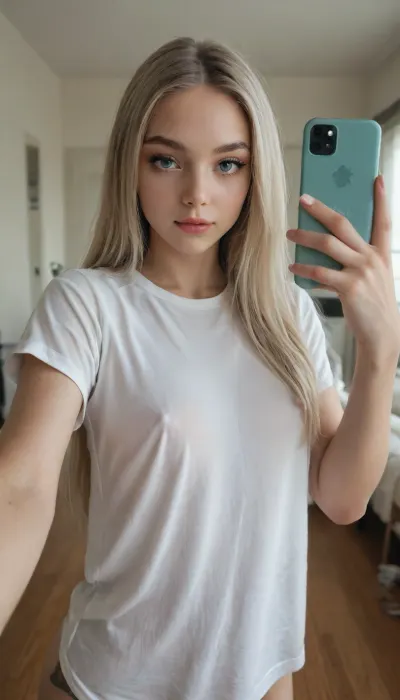 (((Very Petite tiny Young))), 19-year-old female, blue green grey eyes, (erect nipples), flirty and seductive gaze, ((very white oversized white t-shirt)), room, (standing), light ash long hair, (makeup), (big long thick eyelashes), (selfie), narrow waist, (pale skin), ((upper body)), from below