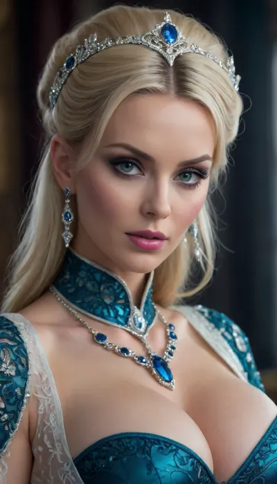 Close up of the Ice Palace Queen, Explicit, (photorealistic:.9), blonde woman, (massive tits:1.5), 50 years old. In a fantasy ice palace.

Dark teal regal costume, Ornate silver filigree hooded cloak worn low and open, heavy and oppressive, sheer lace and translucent fabrics stretched taut over the silhouette beneath, clinging with visible tension, revealing, Intricate baroque, gothic, and occult-inspired lace patterns wrap the body like symbols of control, metallic embroidery glowing in cold silver, sapphire, and blackened chrome tones. Corseted gown cinched brutally at the waist, sculpting hips and chest, plunging neckline, ((pointed nipples exposed)), extreme thigh-high slit, layers of silk, high-gloss satin, latex-like fabric, lace, and chiffon flowing like dark liquid, every surface wet and reflective.

Elaborate jewelled headband with a blazing sapphire. piercing blue-grey gaze filled with cruelty and command. Smoky eye makeup in obsidian, gunmetal, and bruised amethyst, long lashes casting harsh shadows. Lips glossy deep blood-wine crimson, Porcelain skin beneath the chrome sheen appears flawless, godlike, and lethal. Metallic choker necklace with large blue sapphires, ornate sapphire earrings. Cold smirking expression.

Hands adorned with ornate silver rings posed with deliberate restraint and threat, elegant fingers radiating dominance. Lighting is harsh, sculptural, and high-contrast, carving the body in shadow and chrome highlights, amplifying wet shine, fabric tension, and metallic glare. Background is a dark, oppressive fantasy ice palace with swirling black mist and venomous jewel-toned light, (violet, dark teal, midnight blue), atmosphere heavy and punishing. Gothic glamour, forbidden divinity, aristocratic, elegant, ultra-detailed, photorealistic, cinematic composition, ((close up portrait:1.9)), professional studio quality, large, big, boobs, tits, <lora:bombshell_v2:.8>