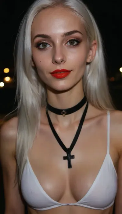 18 years old confident woman, full body in shot, very petite girl, very detailed, (extremely skinny), large boobs, epic boobs, sagging boobs, show tits, orange knickers, 18 year old woman, grin, grinning, beautiful face, tall cheekbones, sharp cheekbones, lips, red lips, oiled skin, sharp eyes, v shape face, ((skinny fit tight body)), fitness model physique, tall woman body, front pose, tall, goth, black eye shadow, black collar, long hair, very white hair, cross tattoo, (nighttime), (no ambient light), (single harsh flash from the camera), (overexposed flash highlights on subject), (sharp shadows behind and around her), (noise in all darker areas), (wet surfaces reflecting small highlights), (flat lighting due to direct flash), (cool white balance:1.3), (yellowish-tinted shadows from digital camera sensor), (fluorescent-like artificial lighting tint), 80's style, 90's