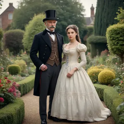 Photography in style of a 19th century couple portrait, of one older gentleman and his young wife, in a lordly garden.
The man is dressed like a rich 19th century gentleman, wearing a suit, monocle, top hat, mustache. On his side is a petite, young woman, wearing a corset, stockings.